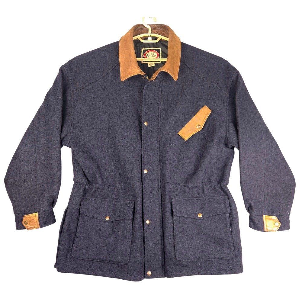 Australian Outback Collection Men XXL Wool Leather Trim Field Jacket Navy Blue
